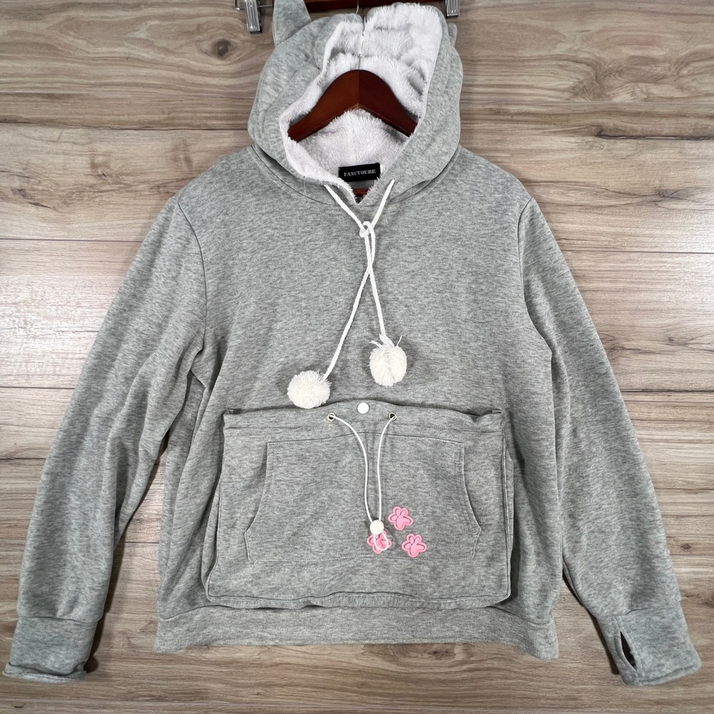 Fancyqube Gray Pet Carrier Hoodie Small Dog Cat Pouch Sweatshirt Ears Thumbholes
